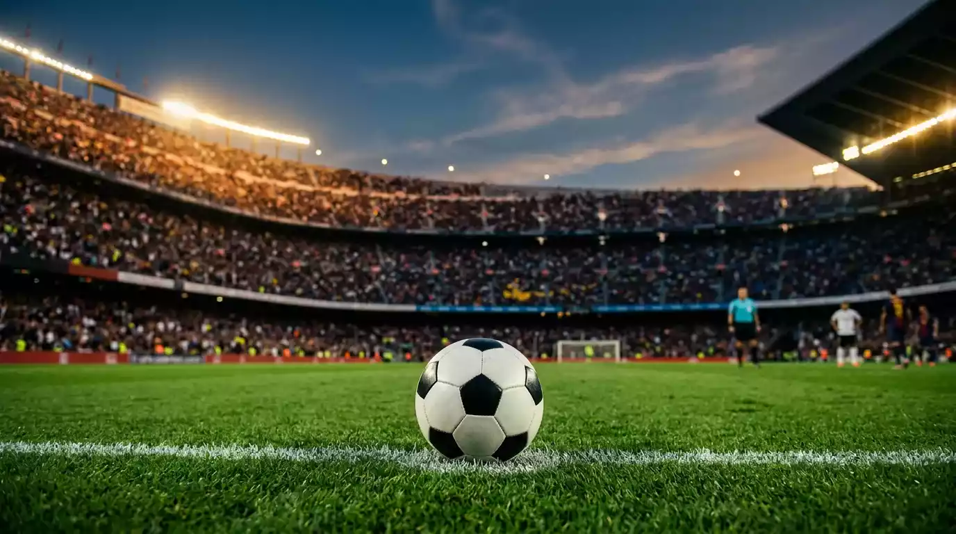 Fotbalový míč na značce pokutového kopu na osvětleném trávníku finálového stadionu