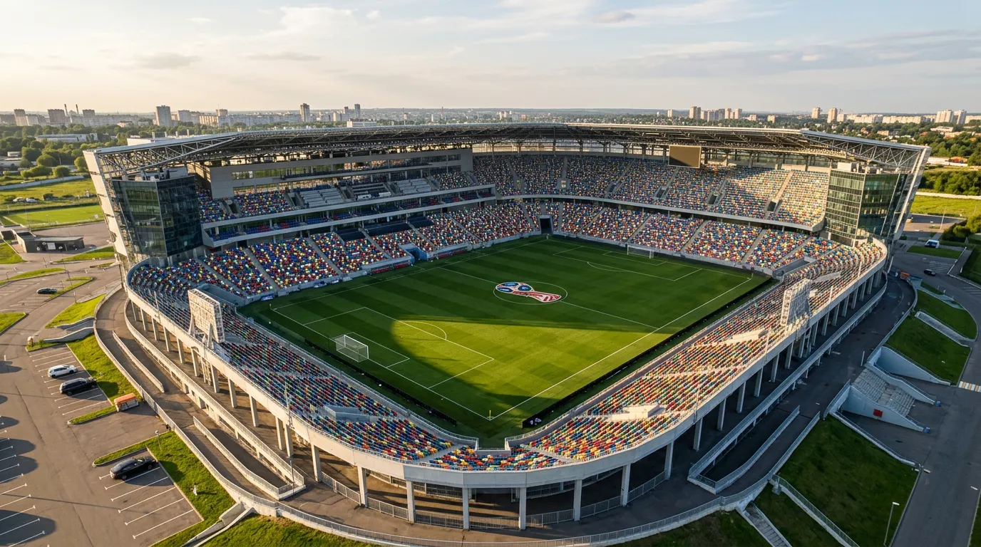 Fotbalový stadion připravený na zápas MS 2026 s prázdnými tribunami a upraveným trávníkem