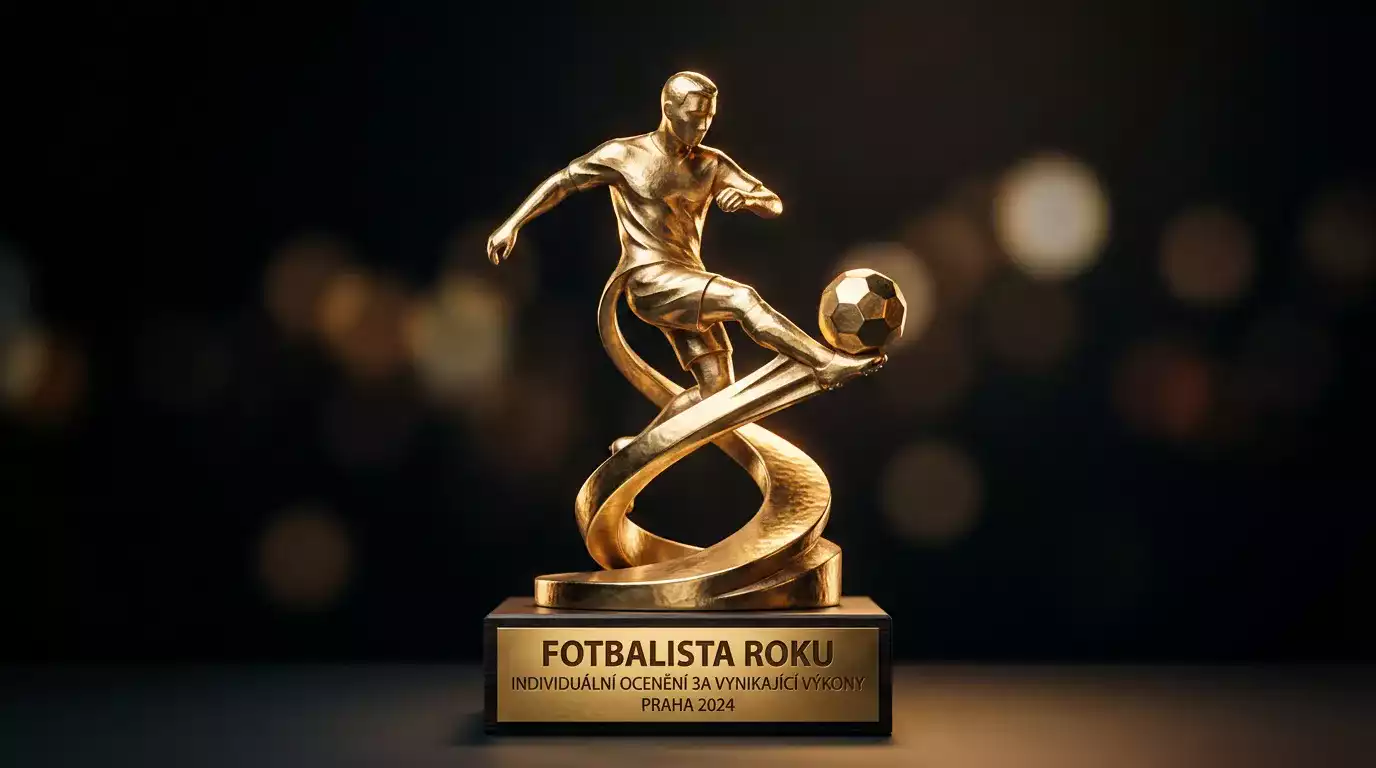 Detail zlaté fotbalové trofeje ve světle reflektorů na tmavém pozadí