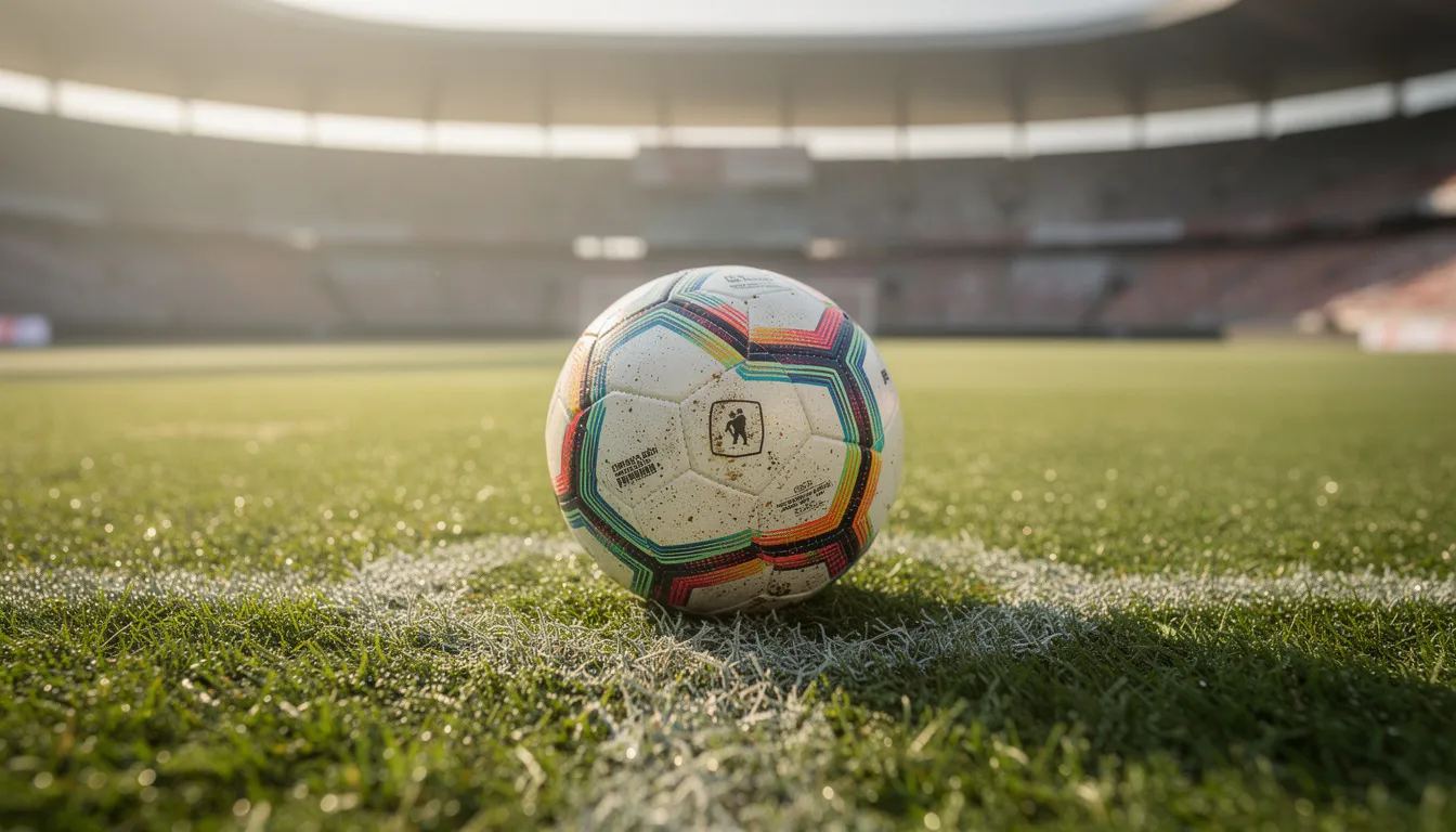 Fotbalový míč na trávníku stadionu s rozmazanými tribunami v pozadí