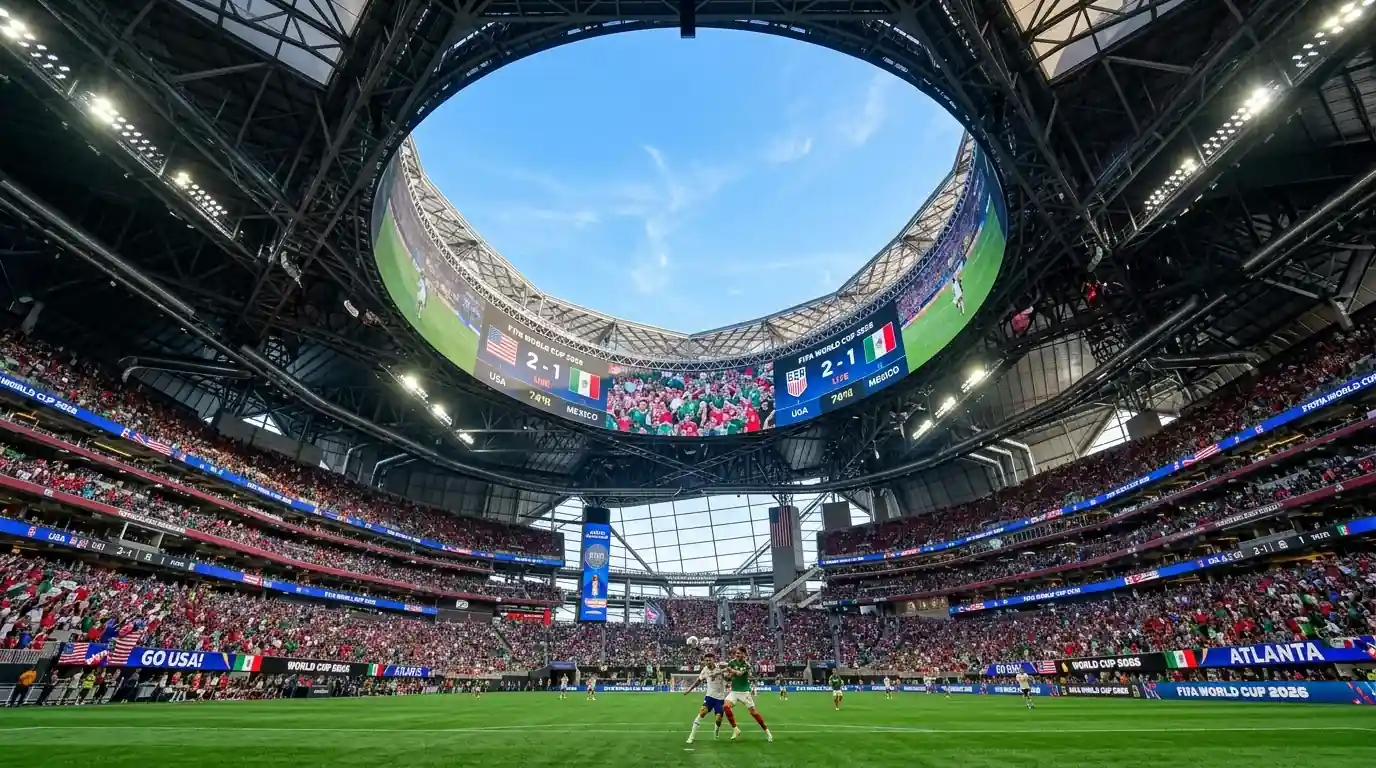 Mercedes-Benz Stadium v Atlantě s ikonickou zatahovací střechou
