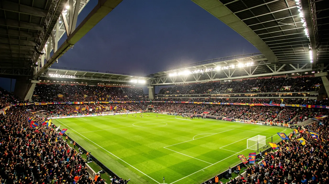Noční fotbalový stadion s rozsvícenými reflektory před vrcholným zápasem