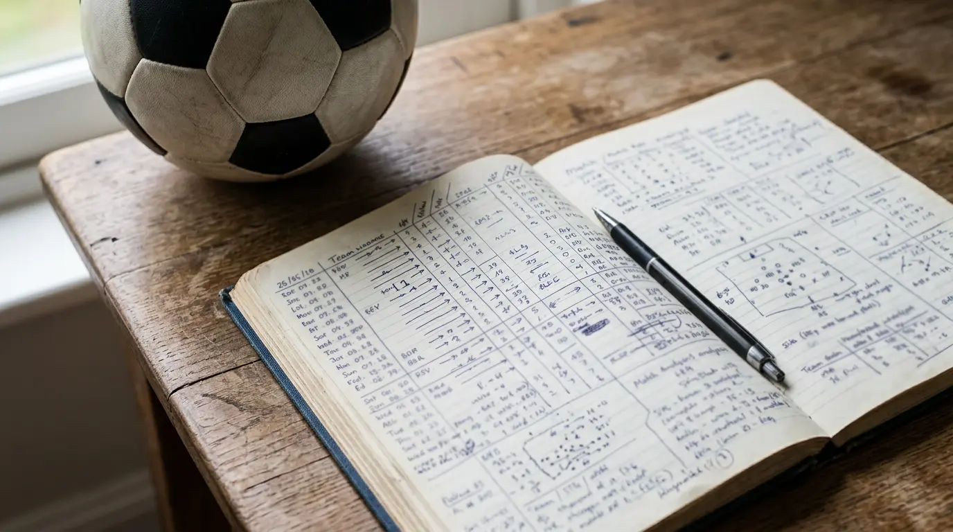 Detail zápisníku se statistikami a fotbalovým míčem