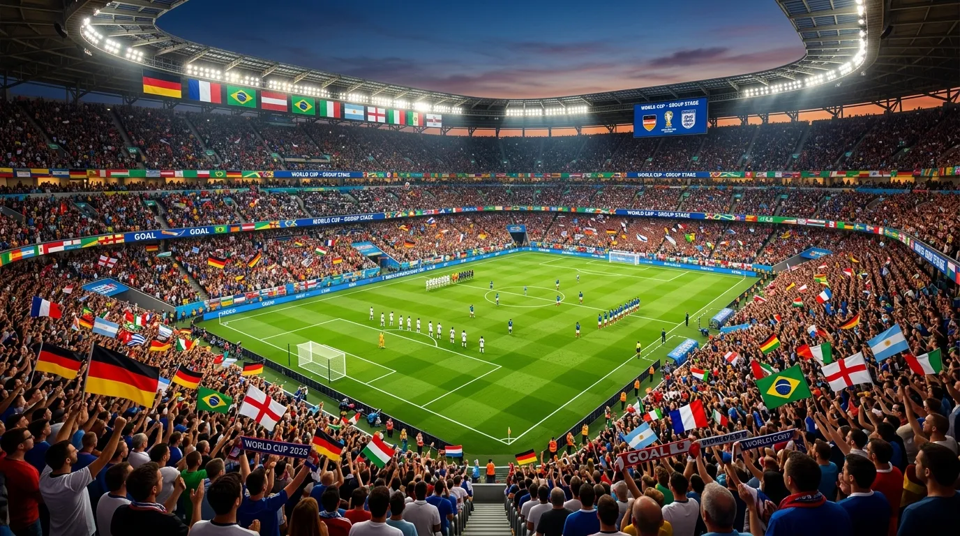 Fotbalový zápas na velkém stadionu s fanoušky v hledišti a hráči na trávníku