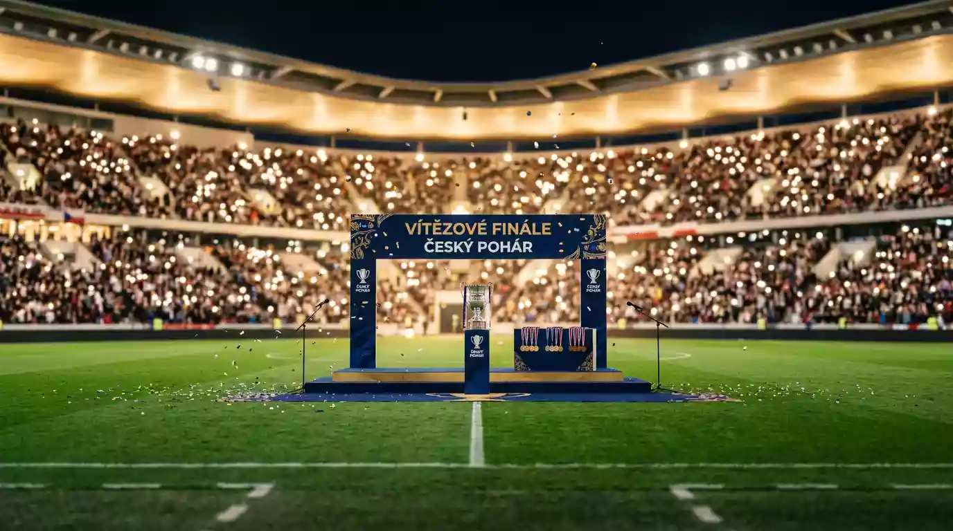Zlatě nasvícený trofejový pódiový prostor na fotbalovém stadionu po skončení finále