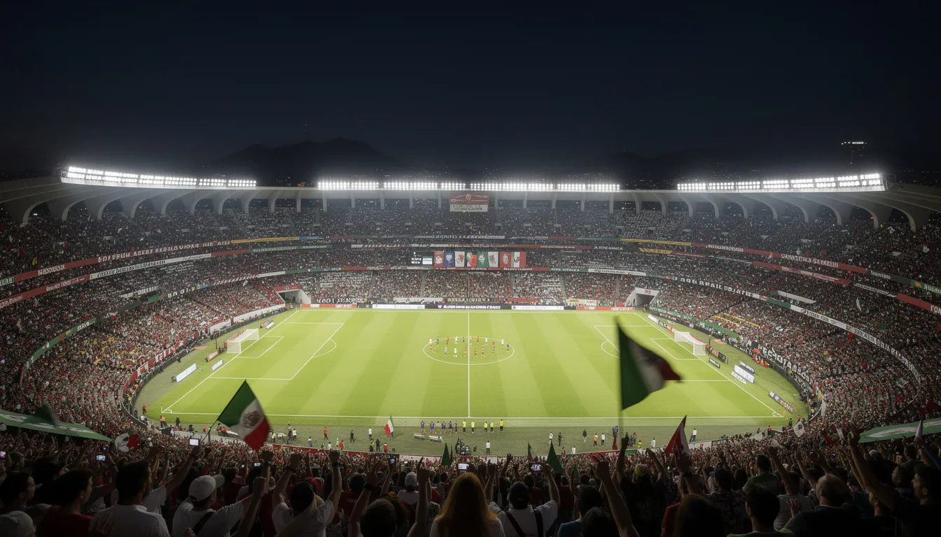 Moderní fotbalový stadion s osvětlením a plným hledištěm při večerním zápase