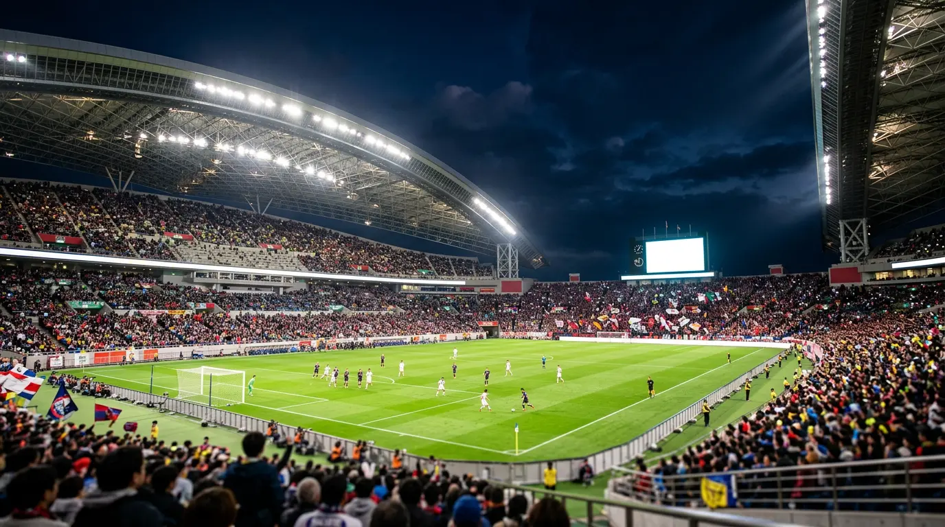 Noční pohled na fotbalový stadion během zápasu Mistrovství světa 2026